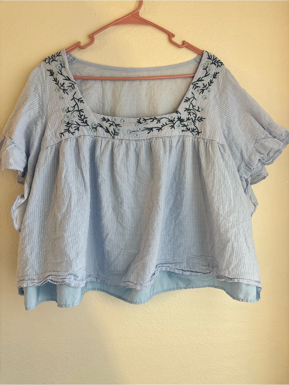 Womens XL Light Blue Dot Embroidered PeasantBlouse Boho Cottagecore Babydoll Top